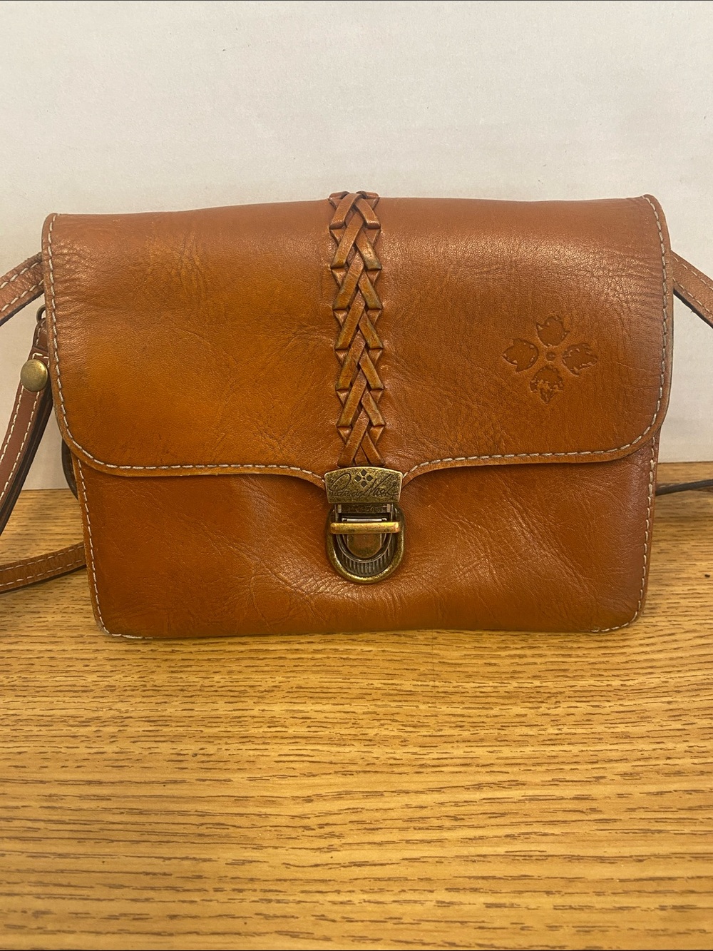Classic Patricia Nash Tan Leather Crossbody Bag with Braided Detail